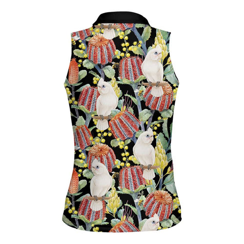 Little Corella Australia Cockatoo Women Sleeveless Polo Shirt Cacatua Sanguinea Banksia Seamless Black - Aussie Hoodie