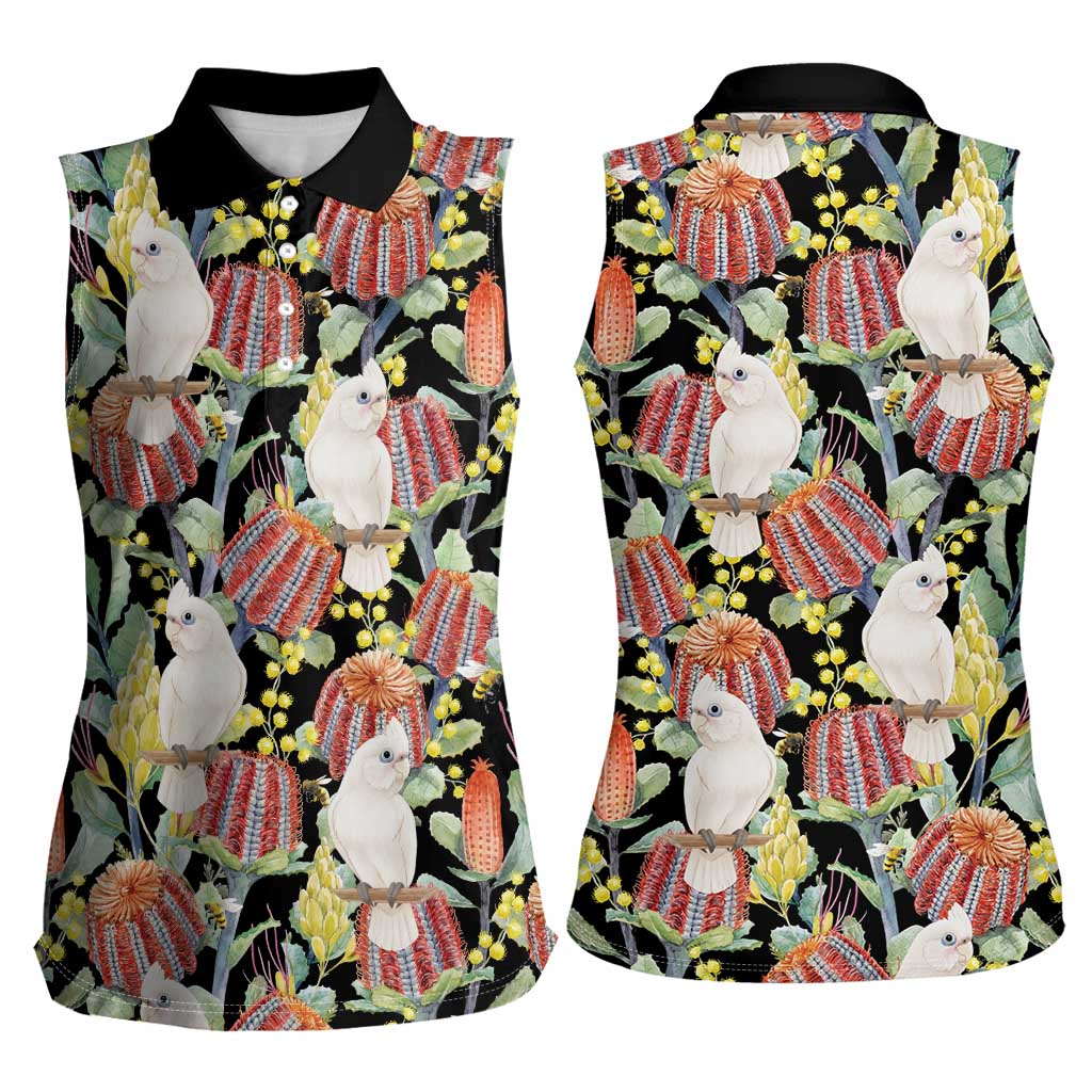 Little Corella Australia Cockatoo Women Sleeveless Polo Shirt Cacatua Sanguinea Banksia Seamless Black - Aussie Hoodie
