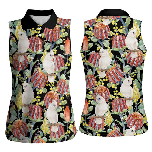 Little Corella Australia Cockatoo Women Sleeveless Polo Shirt Cacatua Sanguinea Banksia Seamless Black - Aussie Hoodie