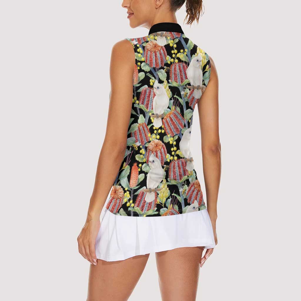 Little Corella Australia Cockatoo Women Sleeveless Polo Shirt Cacatua Sanguinea Banksia Seamless Black - Aussie Hoodie