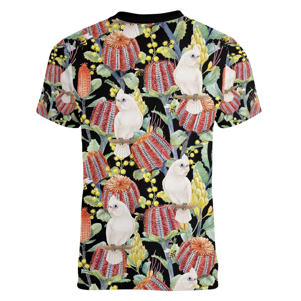 Little Corella Australia Cockatoo Women V-Neck T-Shirt Cacatua Sanguinea Banksia Seamless Black - Aussie Hoodie