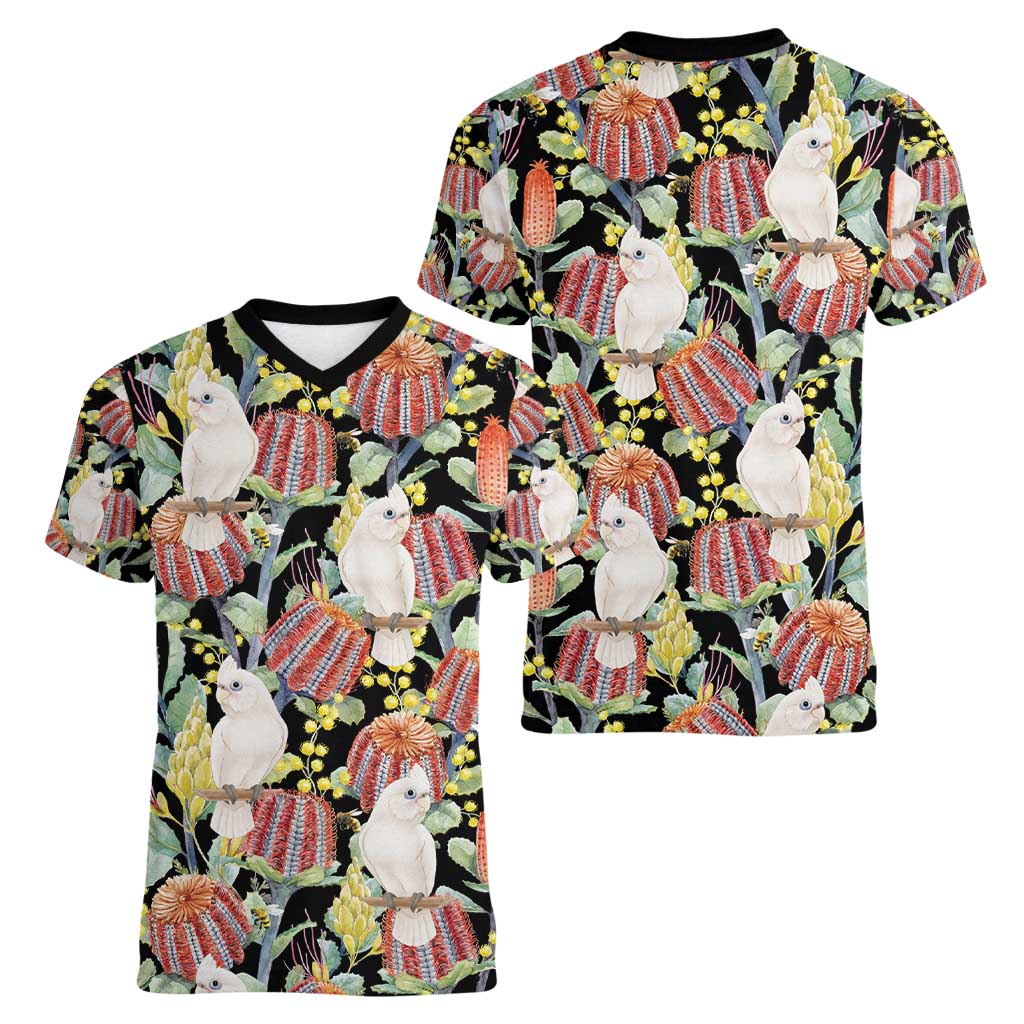 Little Corella Australia Cockatoo Women V-Neck T-Shirt Cacatua Sanguinea Banksia Seamless Black - Aussie Hoodie