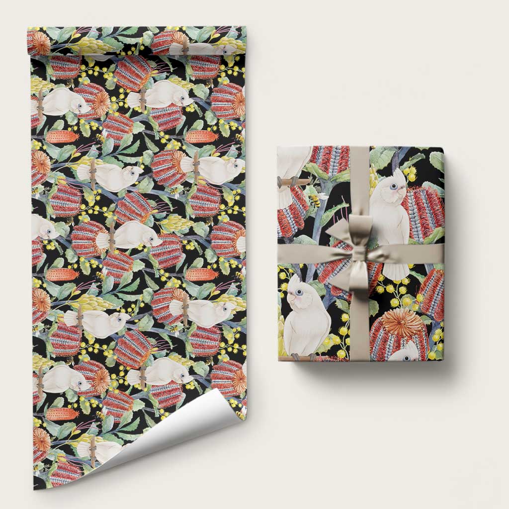 Little Corella Australia Cockatoo Wrapping Paper Cacatua Sanguinea Banksia Seamless Black - Aussie Hoodie