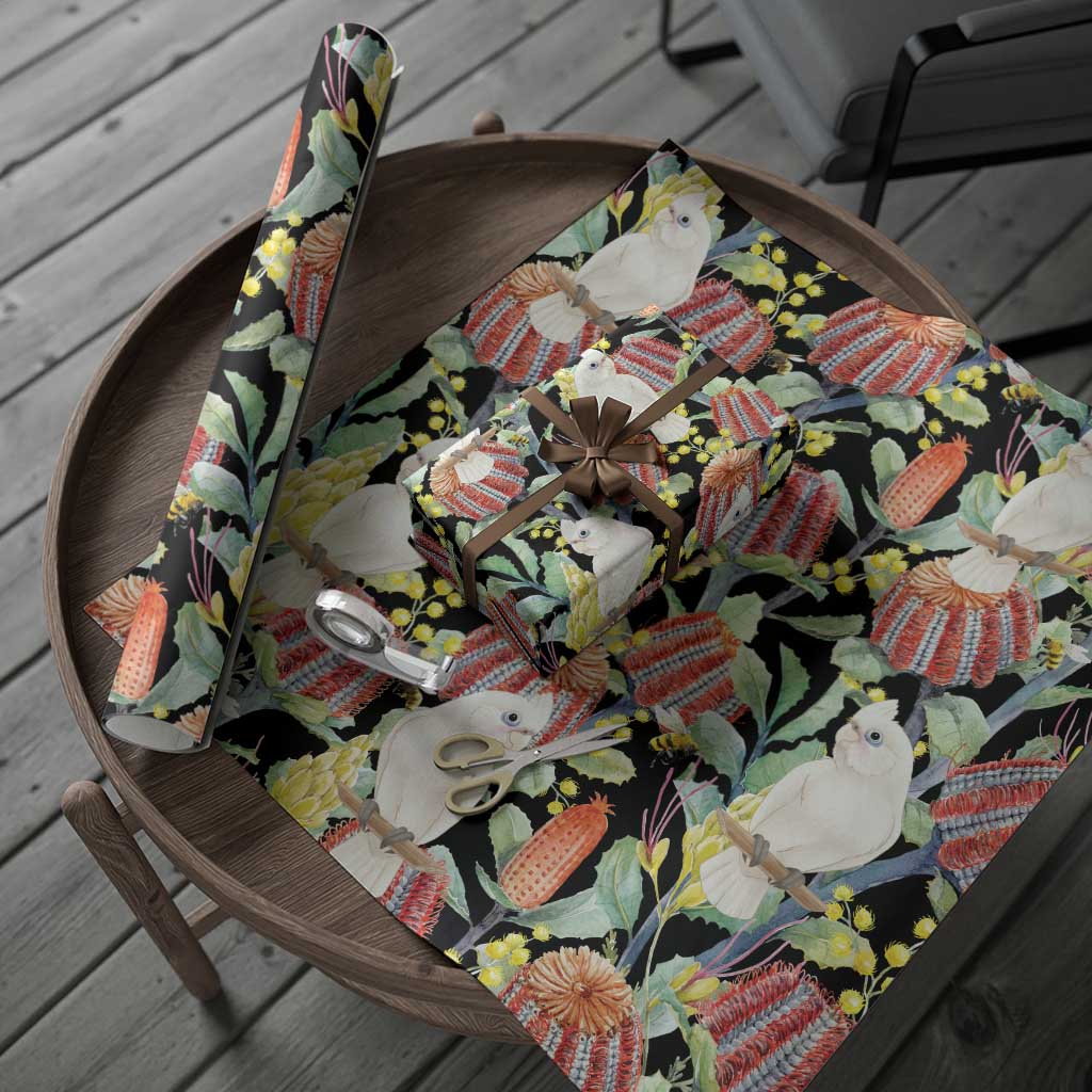 Little Corella Australia Cockatoo Wrapping Paper Cacatua Sanguinea Banksia Seamless Black - Aussie Hoodie
