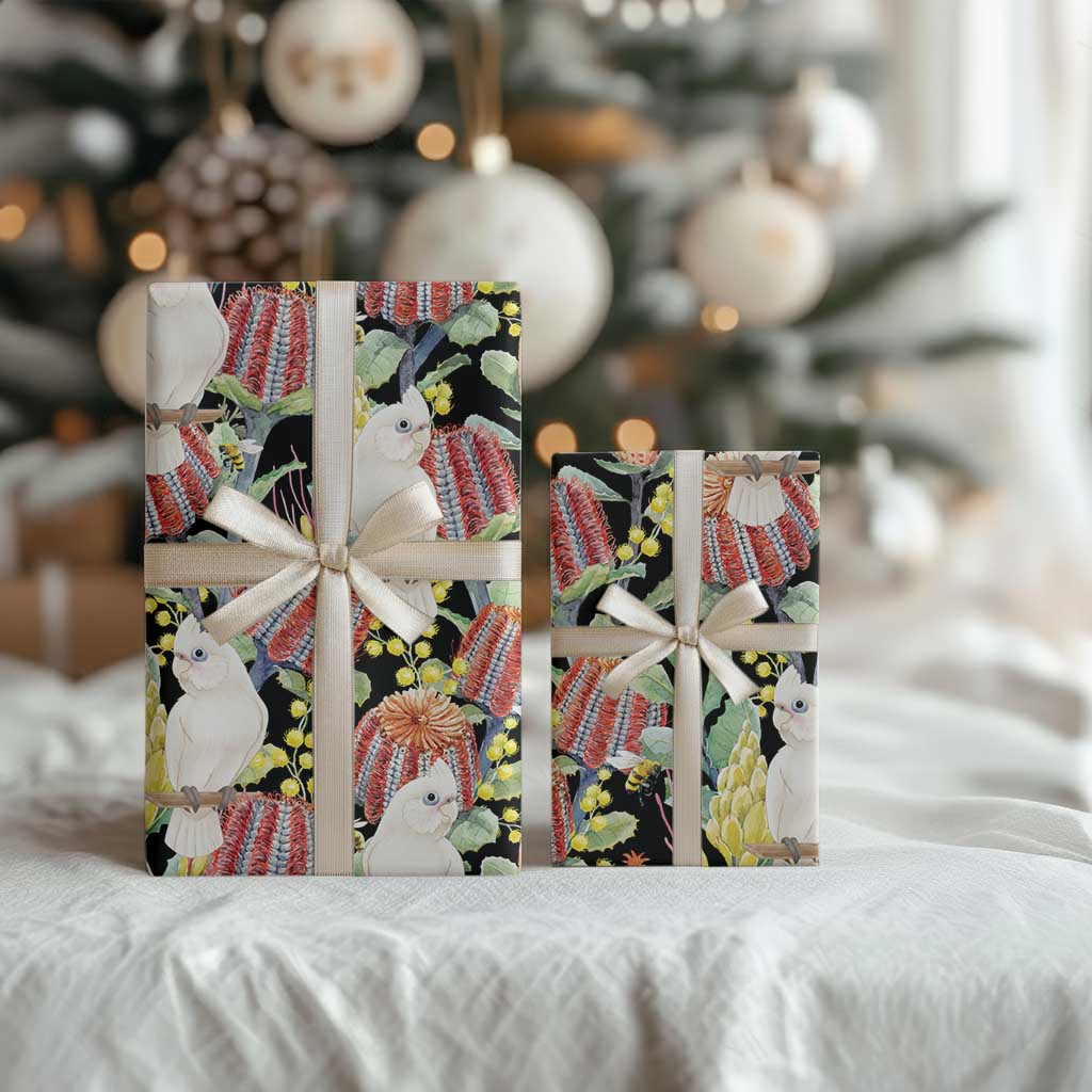 Little Corella Australia Cockatoo Wrapping Paper Cacatua Sanguinea Banksia Seamless Black - Aussie Hoodie