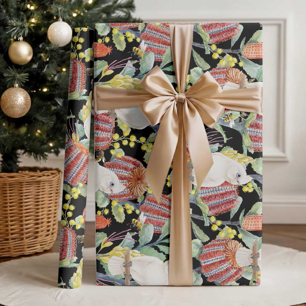 Little Corella Australia Cockatoo Wrapping Paper Cacatua Sanguinea Banksia Seamless Black - Aussie Hoodie