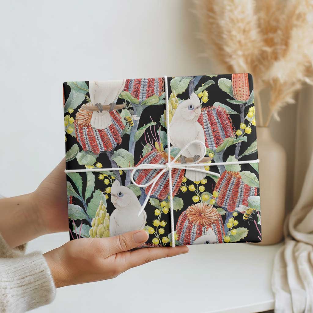 Little Corella Australia Cockatoo Wrapping Paper Cacatua Sanguinea Banksia Seamless Black - Aussie Hoodie