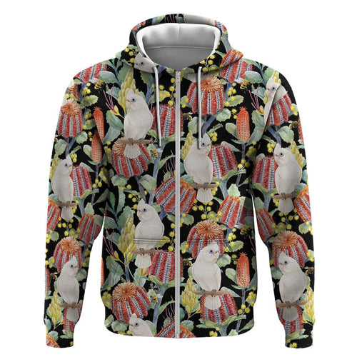 Little Corella Australia Cockatoo Zip Hoodie Cacatua Sanguinea Banksia Seamless Black - Aussie Hoodie