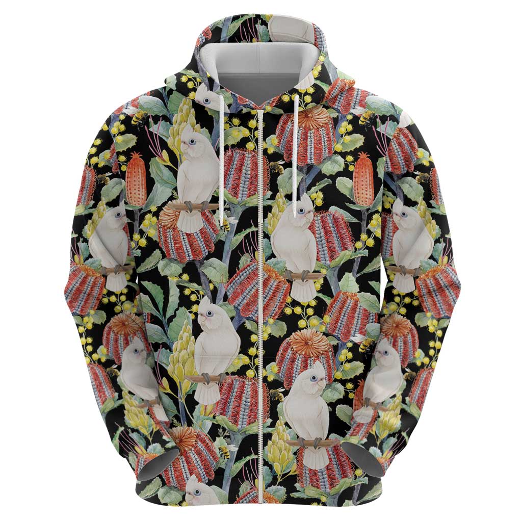 Little Corella Australia Cockatoo Zip Hoodie Cacatua Sanguinea Banksia Seamless Black - Aussie Hoodie