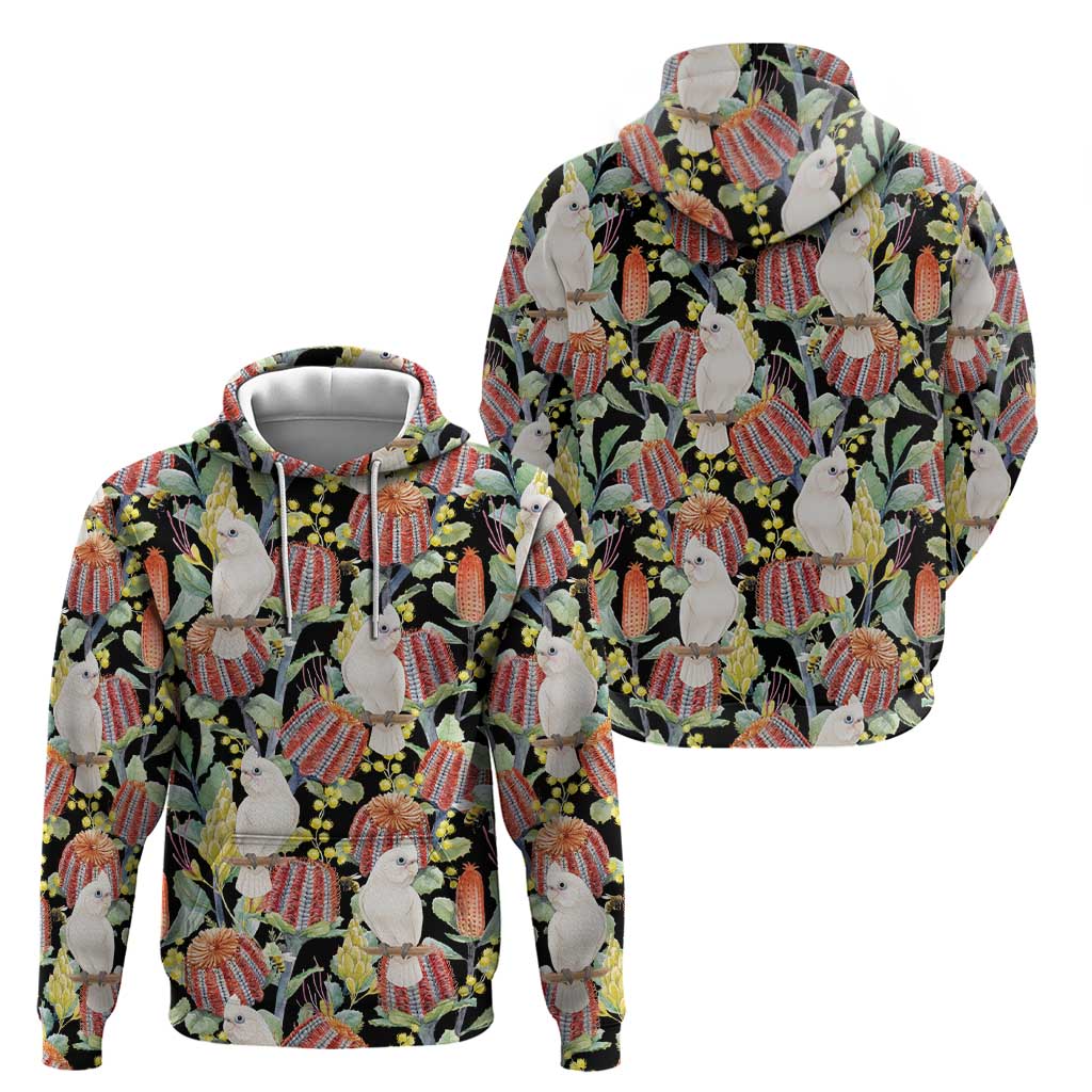 Little Corella Australia Cockatoo Zip Hoodie Cacatua Sanguinea Banksia Seamless Black - Aussie Hoodie