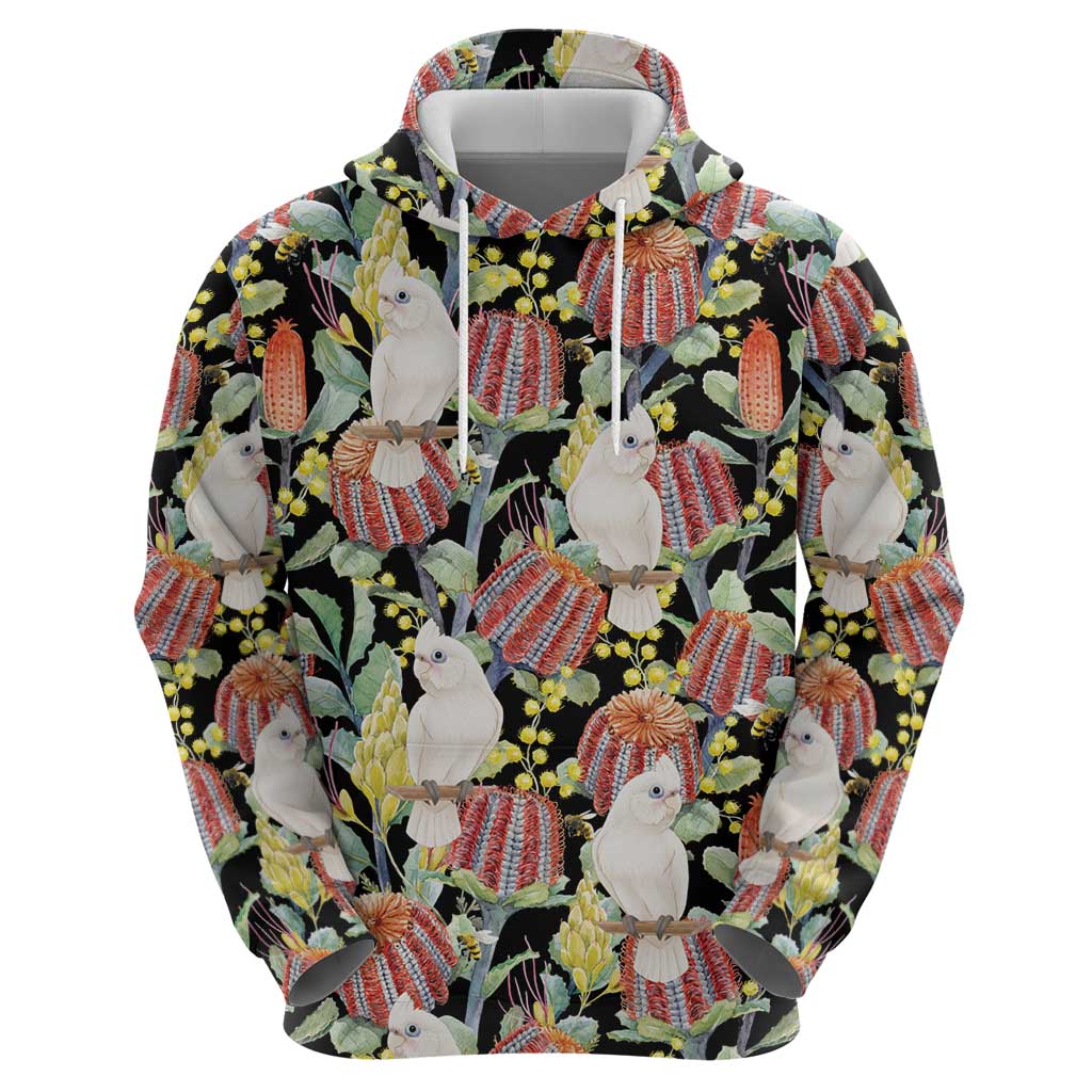 Little Corella Australia Cockatoo Zip Hoodie Cacatua Sanguinea Banksia Seamless Black - Aussie Hoodie