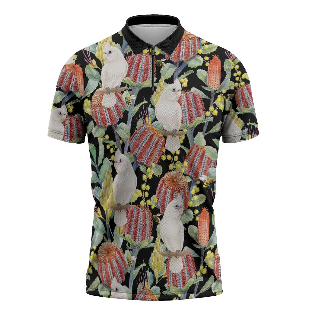 Little Corella Australia Cockatoo Zipper Polo Shirt Cacatua Sanguinea Banksia Seamless Black - Aussie Hoodie