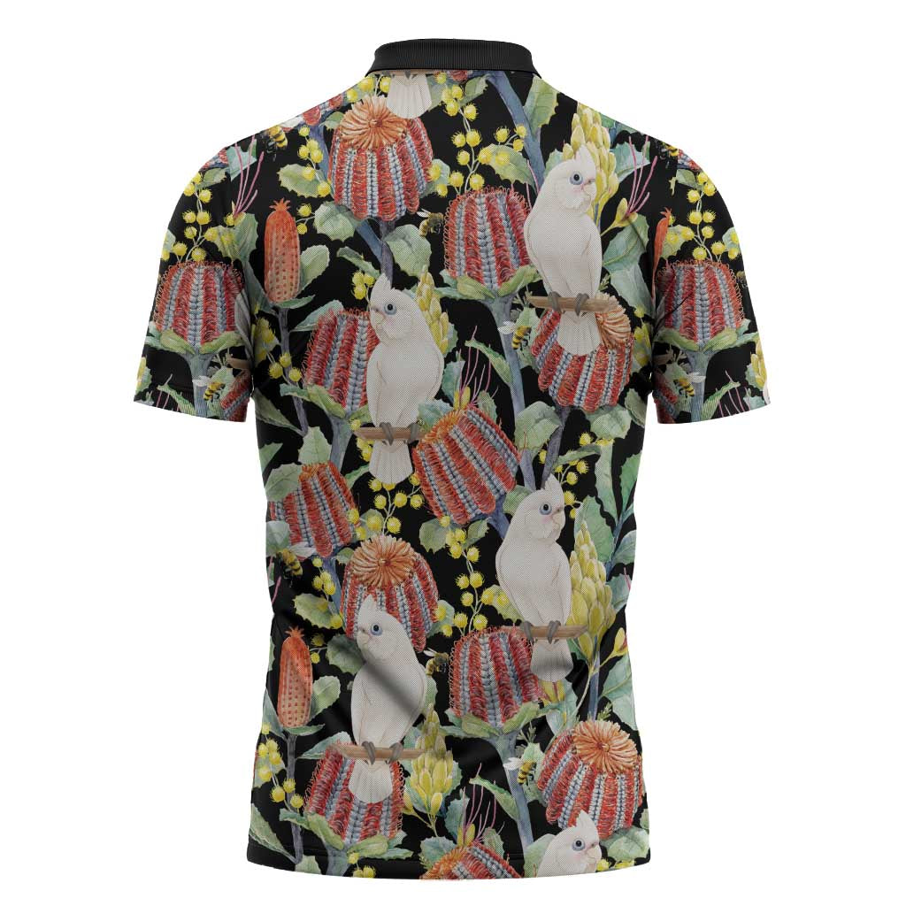 Little Corella Australia Cockatoo Zipper Polo Shirt Cacatua Sanguinea Banksia Seamless Black - Aussie Hoodie
