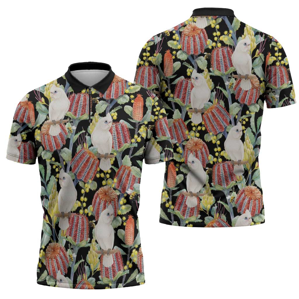 Little Corella Australia Cockatoo Zipper Polo Shirt Cacatua Sanguinea Banksia Seamless Black - Aussie Hoodie