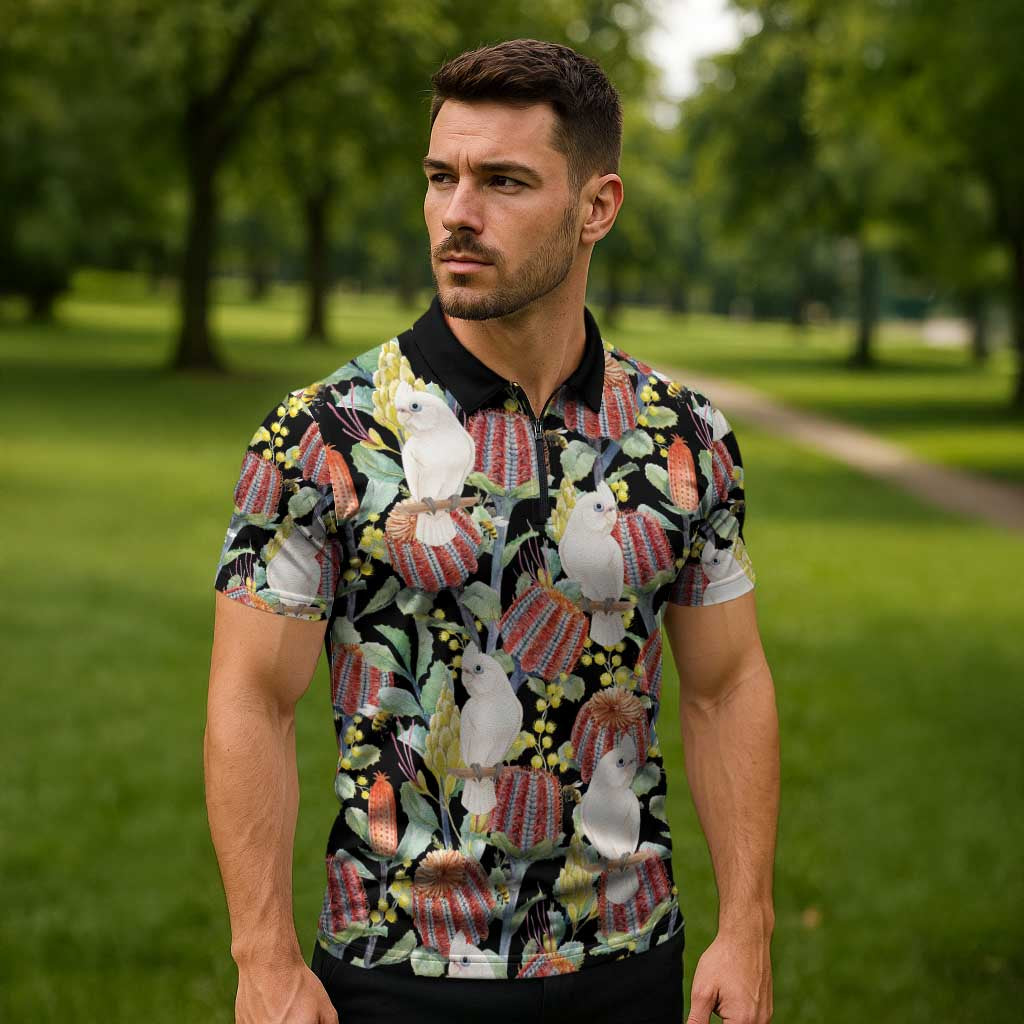 Little Corella Australia Cockatoo Zipper Polo Shirt Cacatua Sanguinea Banksia Seamless Black - Aussie Hoodie