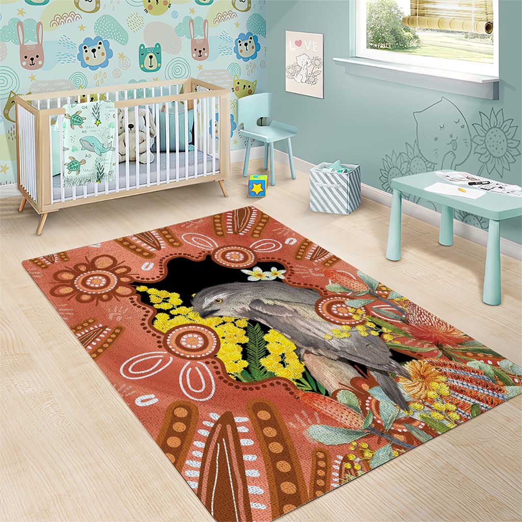 Australia Tawny Frogmouth Area Rug Golden Wattle Banksia Aboriginal Art - Aussie Hoodie