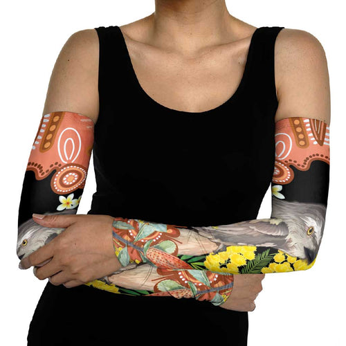 Australia Tawny Frogmouth Arm Sleeves Golden Wattle Banksia Aboriginal Art - Aussie Hoodie