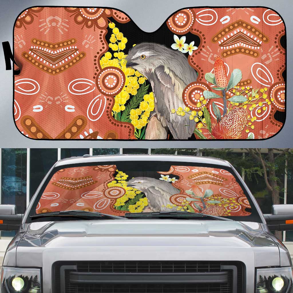 Australia Tawny Frogmouth Auto Sun Shade Golden Wattle Banksia Aboriginal Art - Aussie Hoodie
