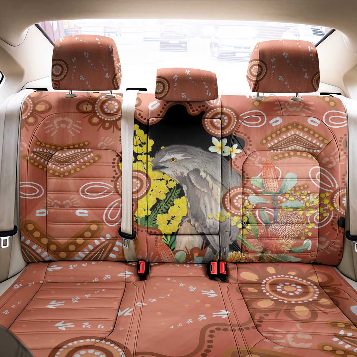 Australia Tawny Frogmouth Back Car Seat Cover Golden Wattle Banksia Aboriginal Art - Aussie Hoodie