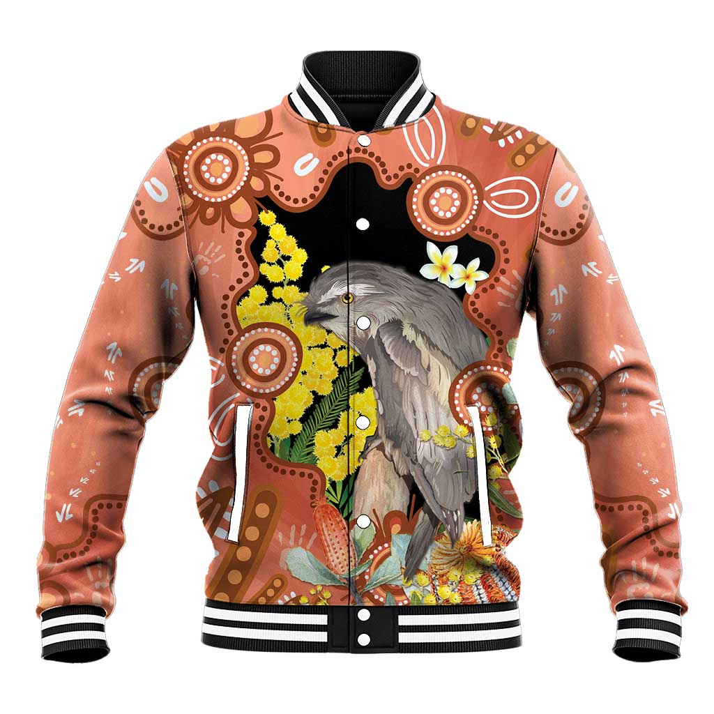 Australia Tawny Frogmouth Baseball Jacket Golden Wattle Banksia Aboriginal Art - Aussie Hoodie