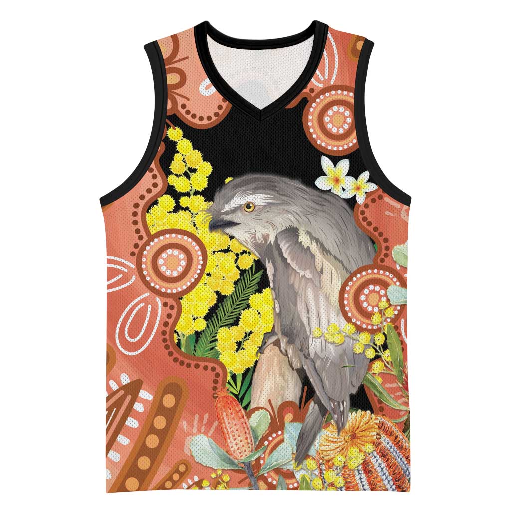 Australia Tawny Frogmouth Basketball Jersey Golden Wattle Banksia Aboriginal Art - Aussie Hoodie