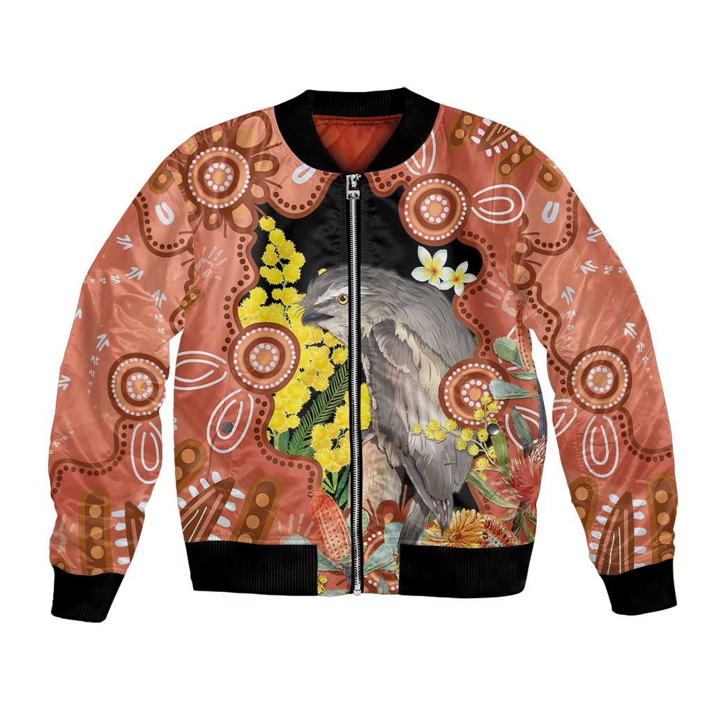 Australia Tawny Frogmouth Bomber Jacket Golden Wattle Banksia Aboriginal Art - Aussie Hoodie