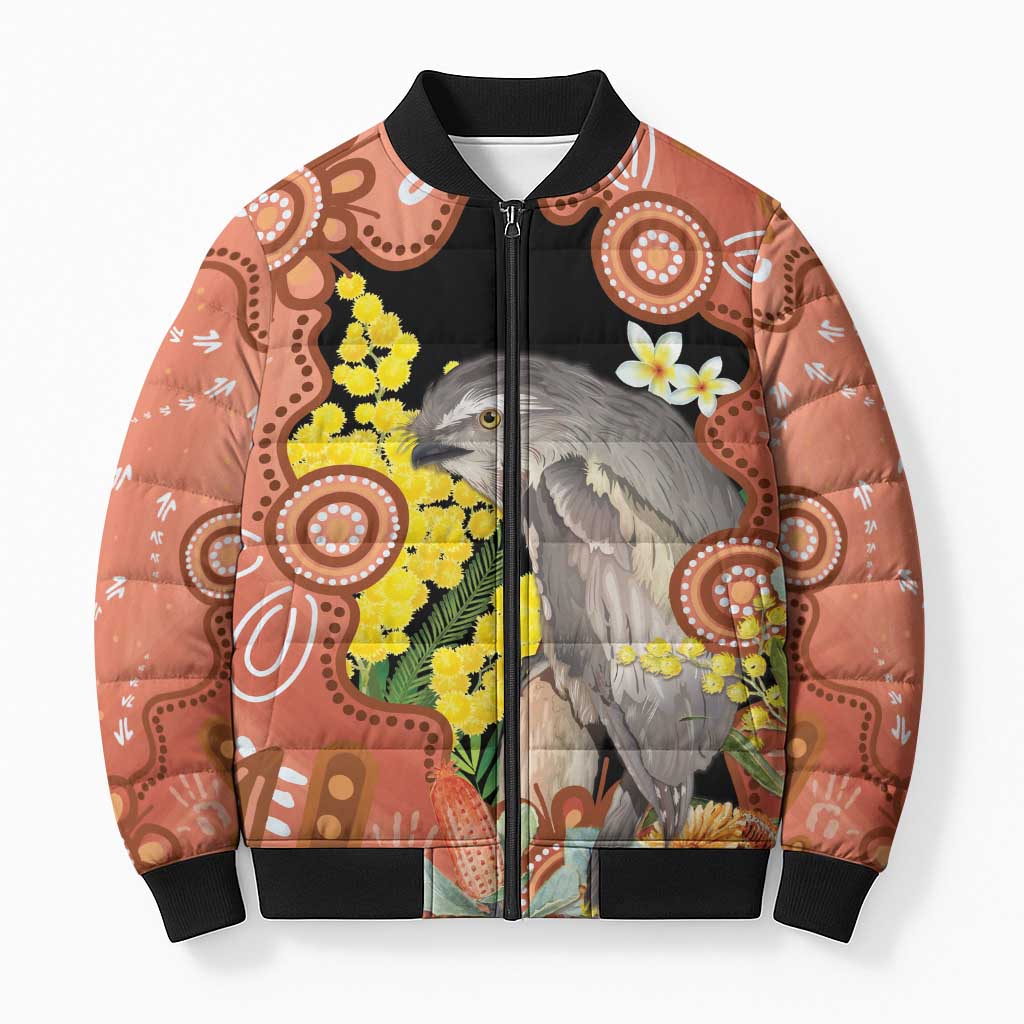 Australia Tawny Frogmouth Bomber Puffer Jacket Golden Wattle Banksia Aboriginal Art - Aussie Hoodie
