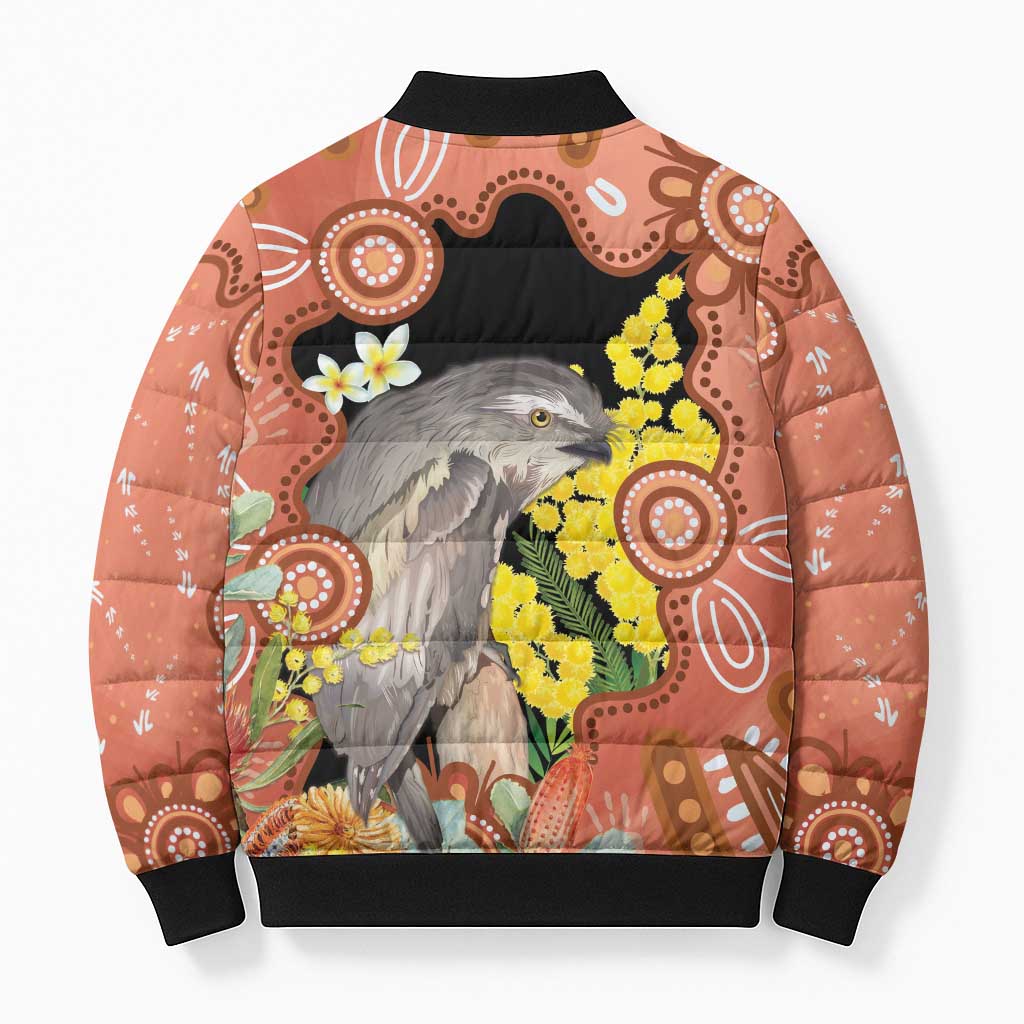 Australia Tawny Frogmouth Bomber Puffer Jacket Golden Wattle Banksia Aboriginal Art - Aussie Hoodie