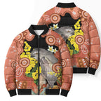 Australia Tawny Frogmouth Bomber Puffer Jacket Golden Wattle Banksia Aboriginal Art - Aussie Hoodie