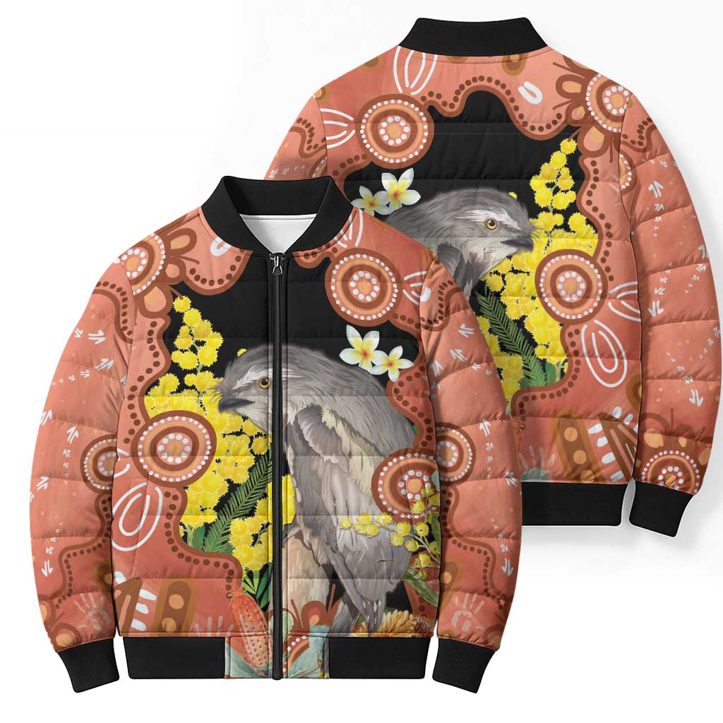 Australia Tawny Frogmouth Bomber Puffer Jacket Golden Wattle Banksia Aboriginal Art - Aussie Hoodie