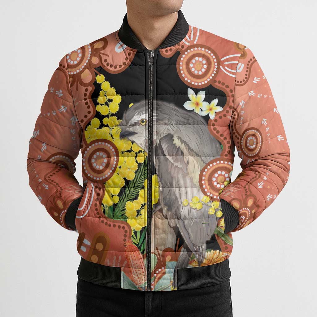 Australia Tawny Frogmouth Bomber Puffer Jacket Golden Wattle Banksia Aboriginal Art - Aussie Hoodie