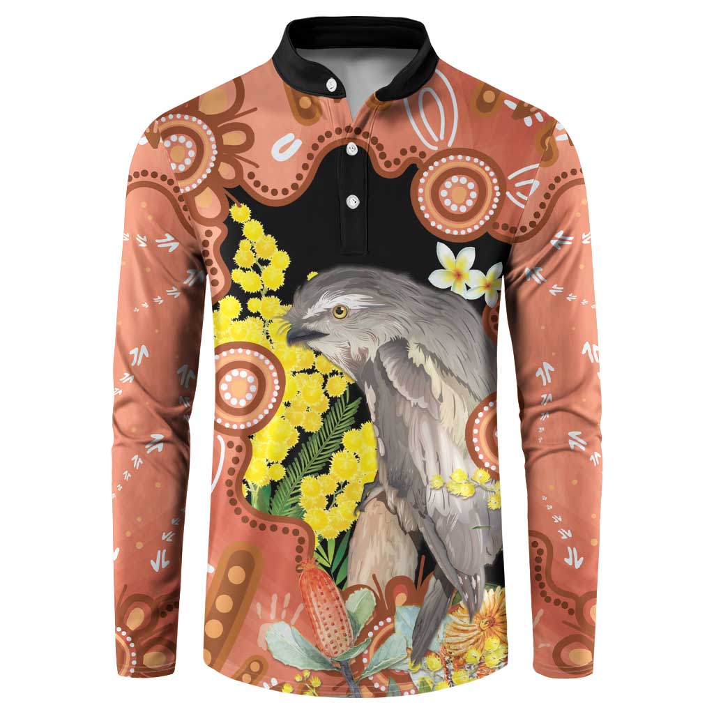 Australia Tawny Frogmouth Button Sweatshirt Golden Wattle Banksia Aboriginal Art - Aussie Hoodie