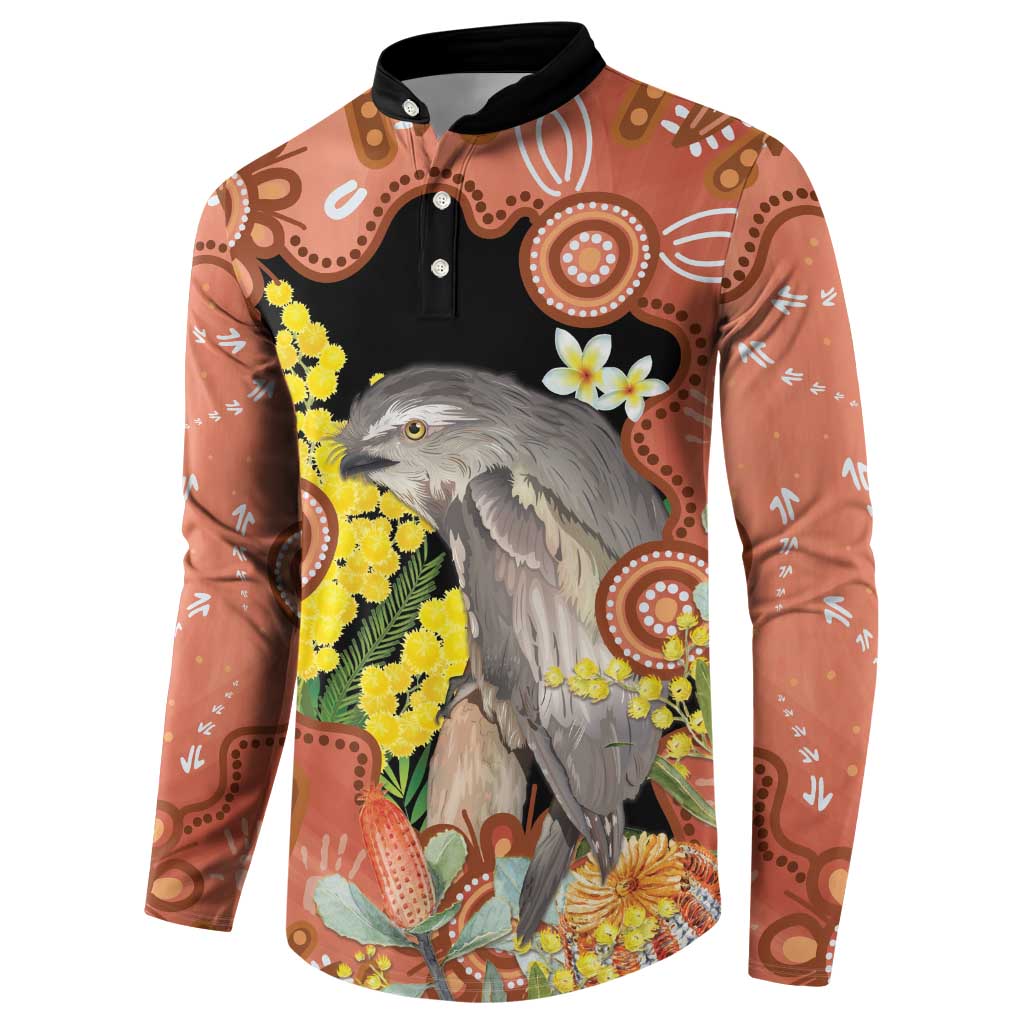 Australia Tawny Frogmouth Button Sweatshirt Golden Wattle Banksia Aboriginal Art - Aussie Hoodie