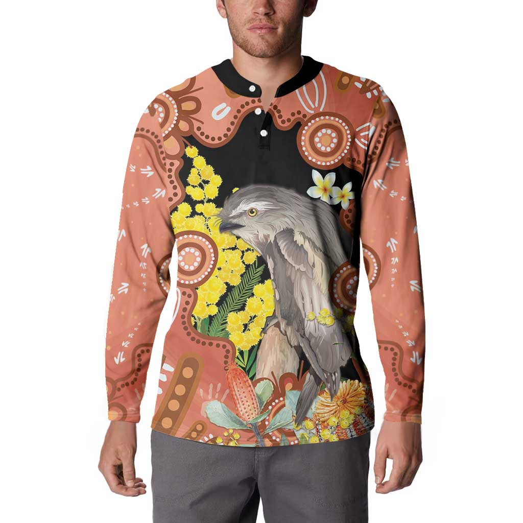 Australia Tawny Frogmouth Button Sweatshirt Golden Wattle Banksia Aboriginal Art - Aussie Hoodie
