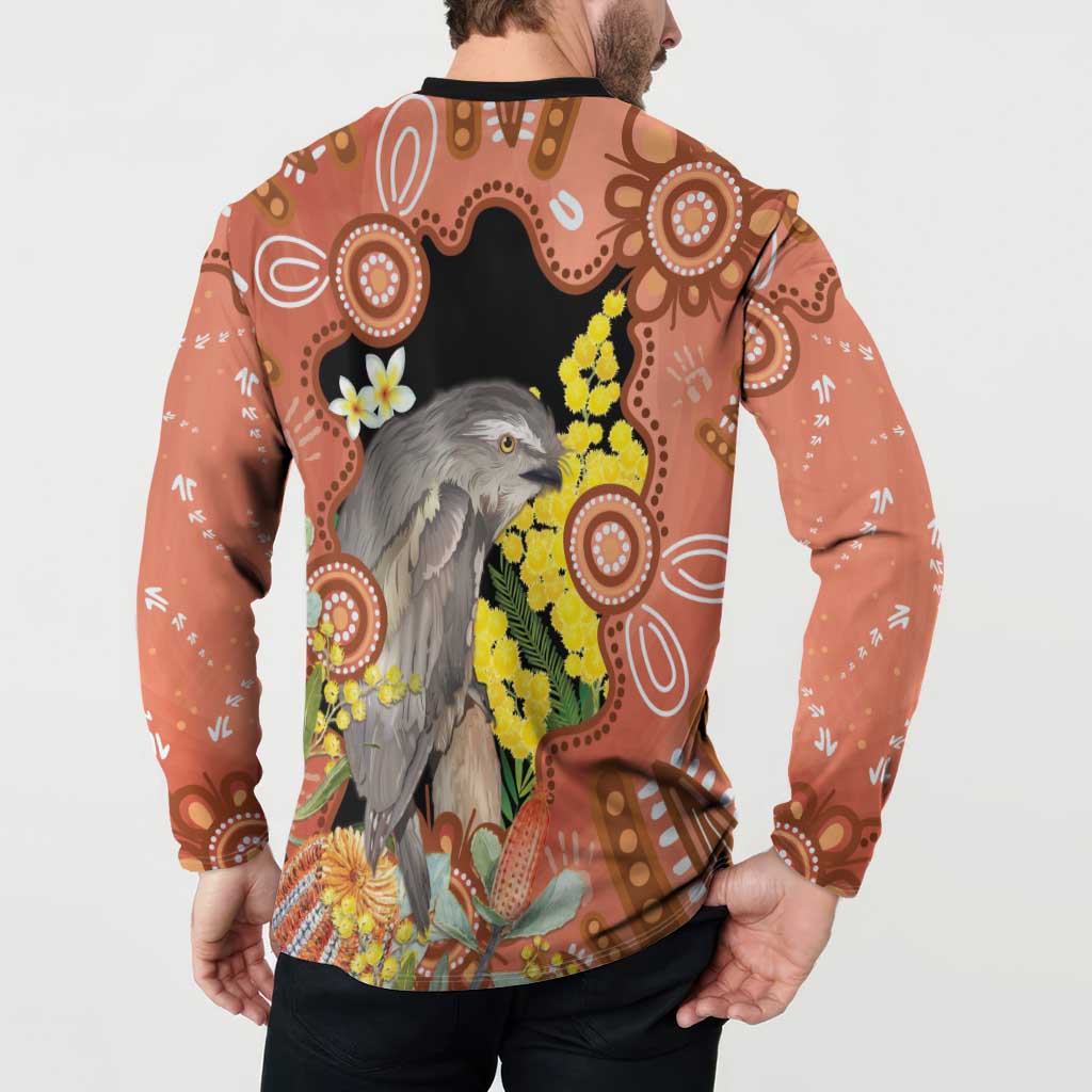 Australia Tawny Frogmouth Button Sweatshirt Golden Wattle Banksia Aboriginal Art - Aussie Hoodie