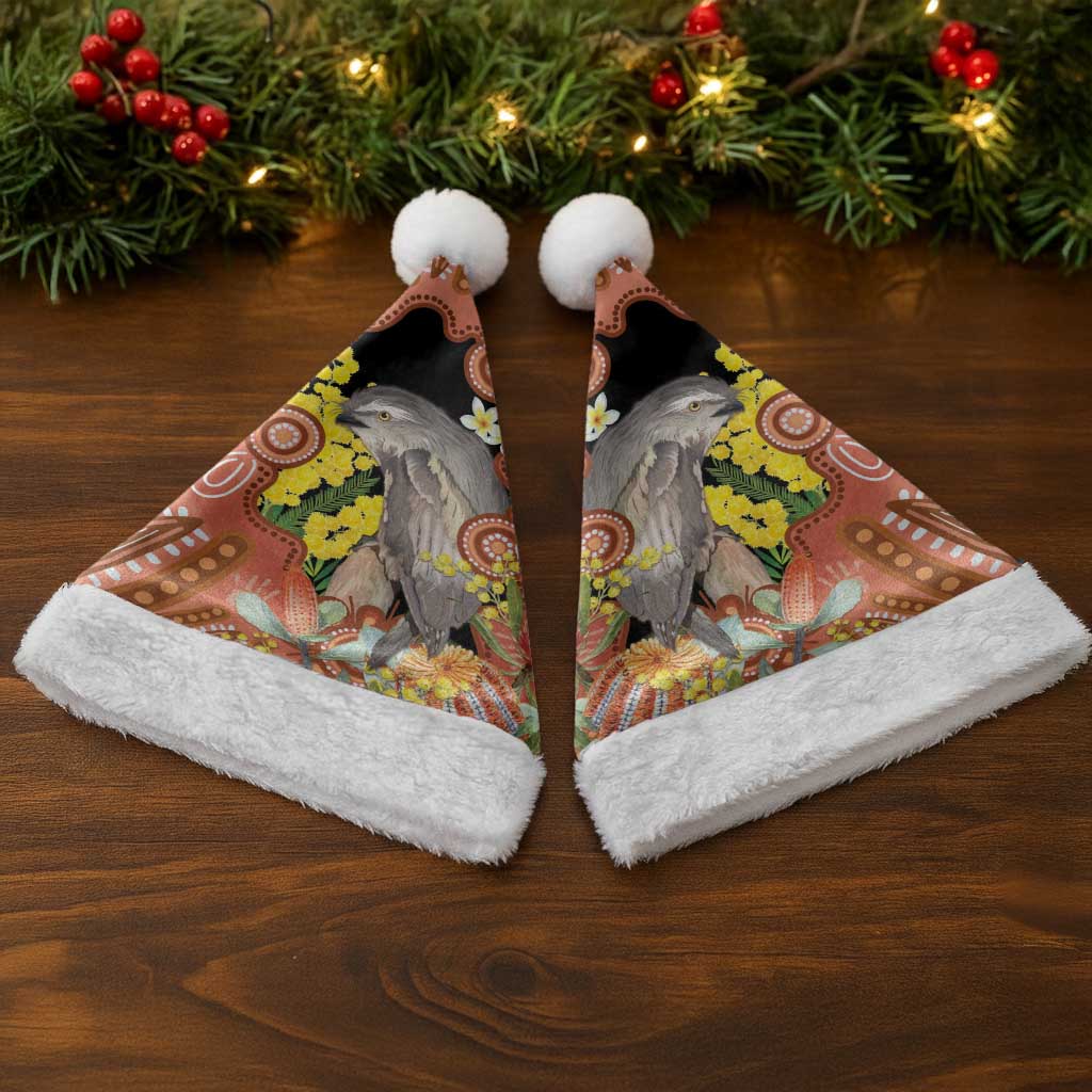 Australia Tawny Frogmouth Christmas Santa Hat Golden Wattle Banksia Aboriginal Art - Aussie Hoodie