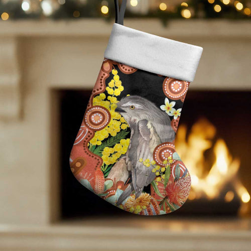 Australia Tawny Frogmouth Christmas Stocking Golden Wattle Banksia Aboriginal Art - Aussie Hoodie