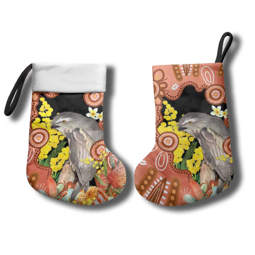 Australia Tawny Frogmouth Christmas Stocking Golden Wattle Banksia Aboriginal Art - Aussie Hoodie
