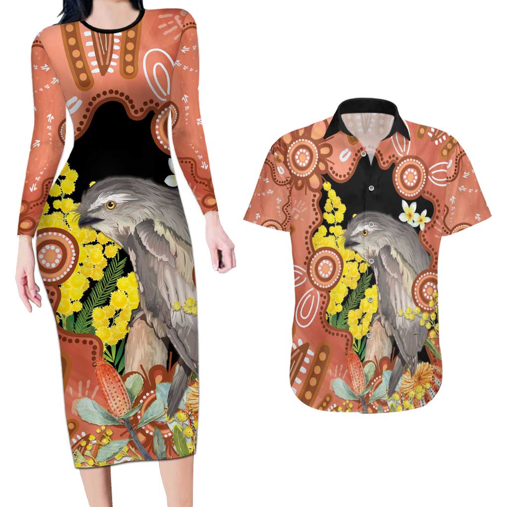 Australia Tawny Frogmouth Couples Matching Long Sleeve Bodycon Dress and Hawaiian Shirt Golden Wattle Banksia Aboriginal Art - Aussie Hoodie