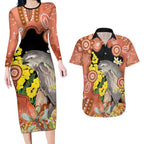 Australia Tawny Frogmouth Couples Matching Long Sleeve Bodycon Dress and Hawaiian Shirt Golden Wattle Banksia Aboriginal Art - Aussie Hoodie