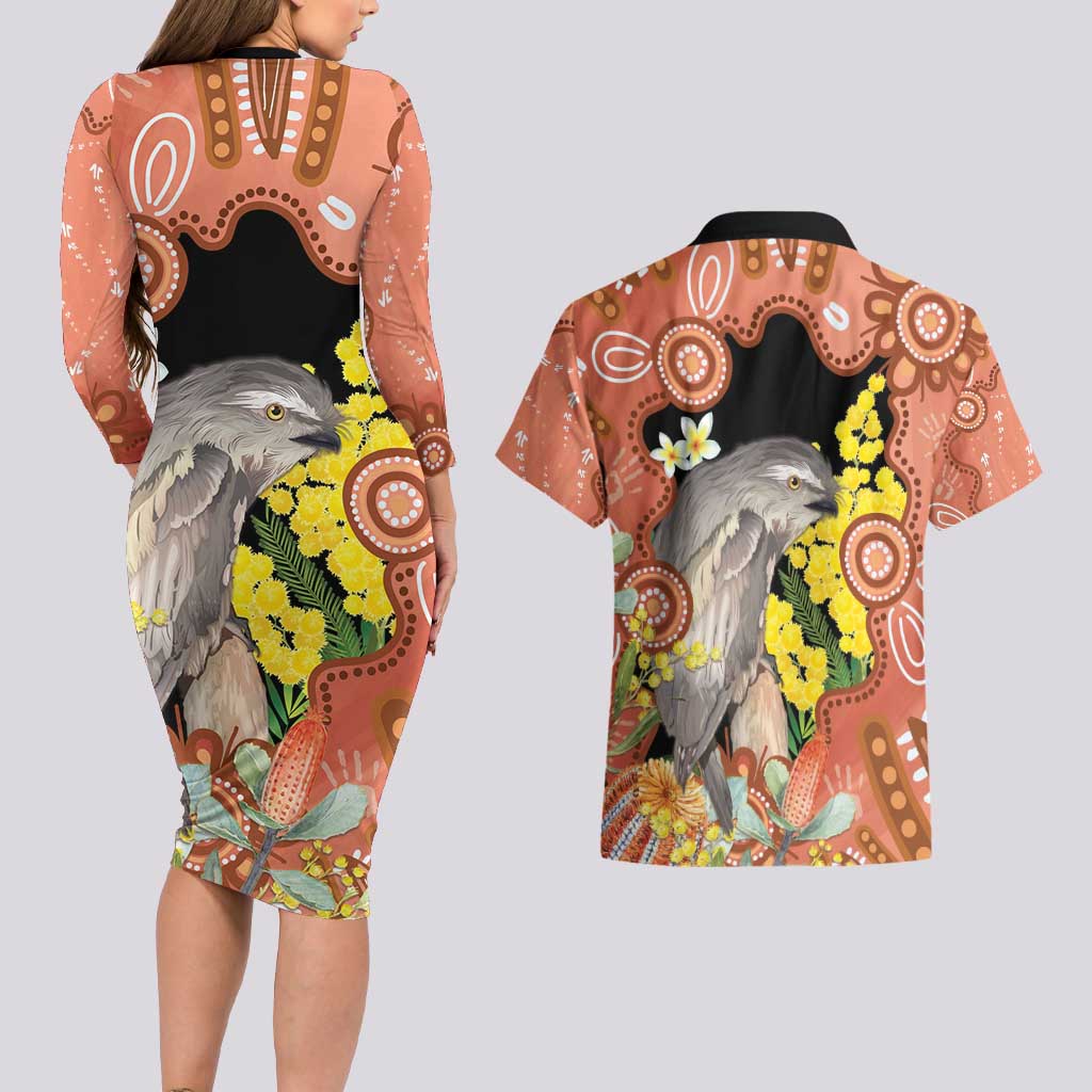 Australia Tawny Frogmouth Couples Matching Long Sleeve Bodycon Dress and Hawaiian Shirt Golden Wattle Banksia Aboriginal Art - Aussie Hoodie
