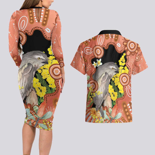 Australia Tawny Frogmouth Couples Matching Long Sleeve Bodycon Dress and Hawaiian Shirt Golden Wattle Banksia Aboriginal Art - Aussie Hoodie