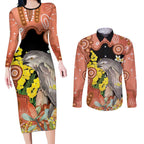 Australia Tawny Frogmouth Couples Matching Long Sleeve Bodycon Dress and Long Sleeve Button Shirt Golden Wattle Banksia Aboriginal Art - Aussie Hoodie