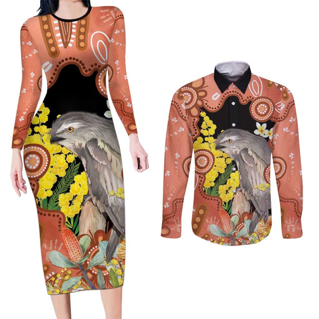 Australia Tawny Frogmouth Couples Matching Long Sleeve Bodycon Dress and Long Sleeve Button Shirt Golden Wattle Banksia Aboriginal Art - Aussie Hoodie