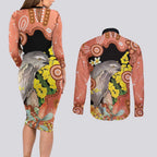 Australia Tawny Frogmouth Couples Matching Long Sleeve Bodycon Dress and Long Sleeve Button Shirt Golden Wattle Banksia Aboriginal Art - Aussie Hoodie