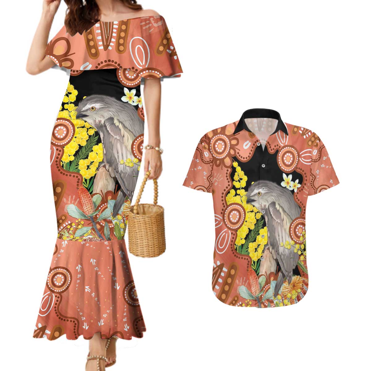 Australia Tawny Frogmouth Couples Matching Mermaid Dress and Hawaiian Shirt Golden Wattle Banksia Aboriginal Art - Aussie Hoodie