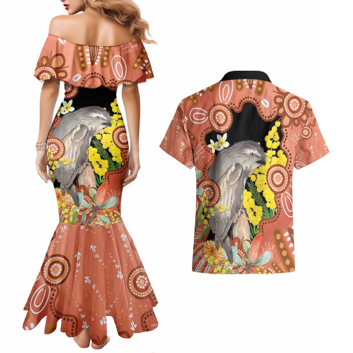 Australia Tawny Frogmouth Couples Matching Mermaid Dress and Hawaiian Shirt Golden Wattle Banksia Aboriginal Art - Aussie Hoodie