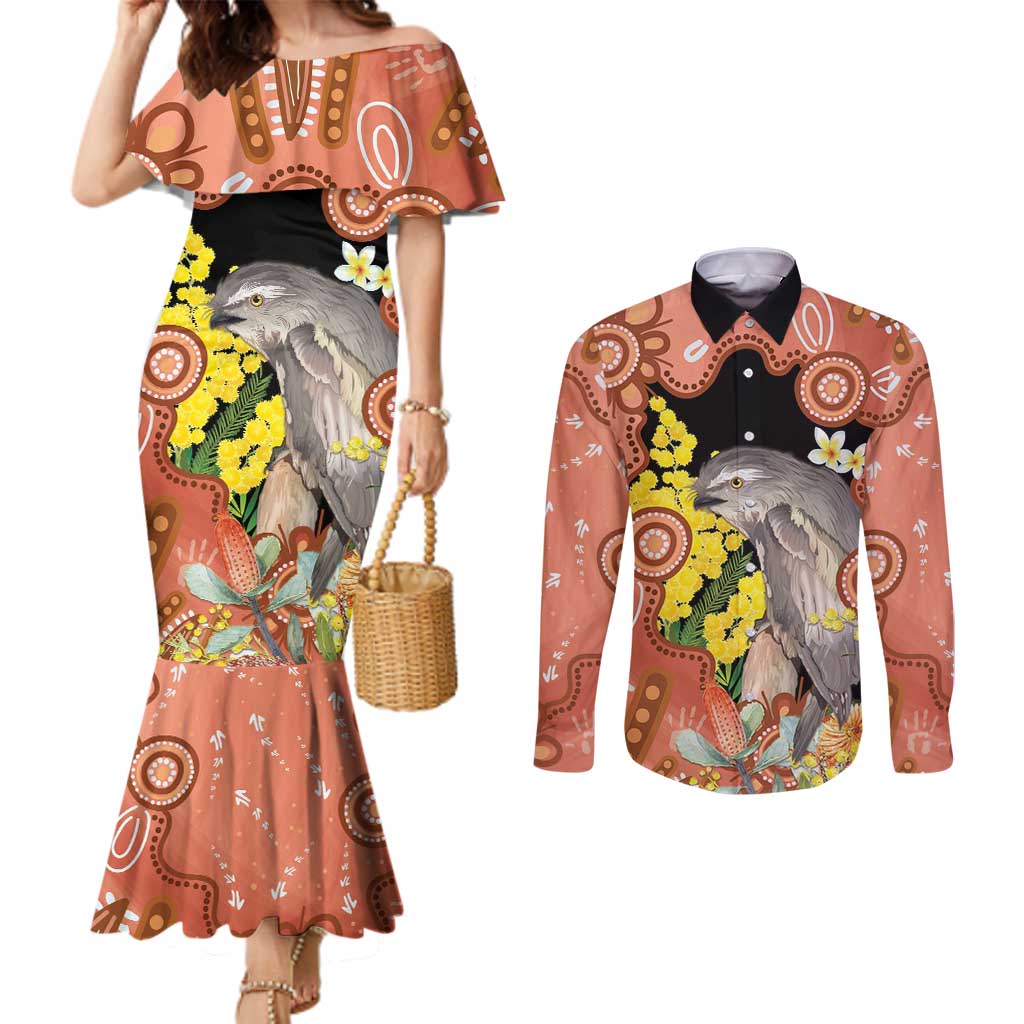 Australia Tawny Frogmouth Couples Matching Mermaid Dress and Long Sleeve Button Shirt Golden Wattle Banksia Aboriginal Art - Aussie Hoodie