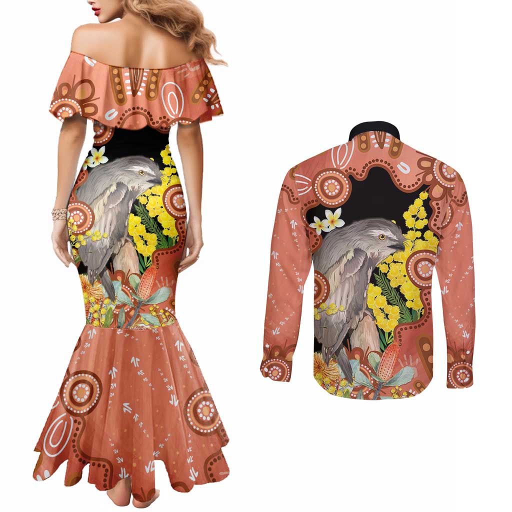 Australia Tawny Frogmouth Couples Matching Mermaid Dress and Long Sleeve Button Shirt Golden Wattle Banksia Aboriginal Art - Aussie Hoodie