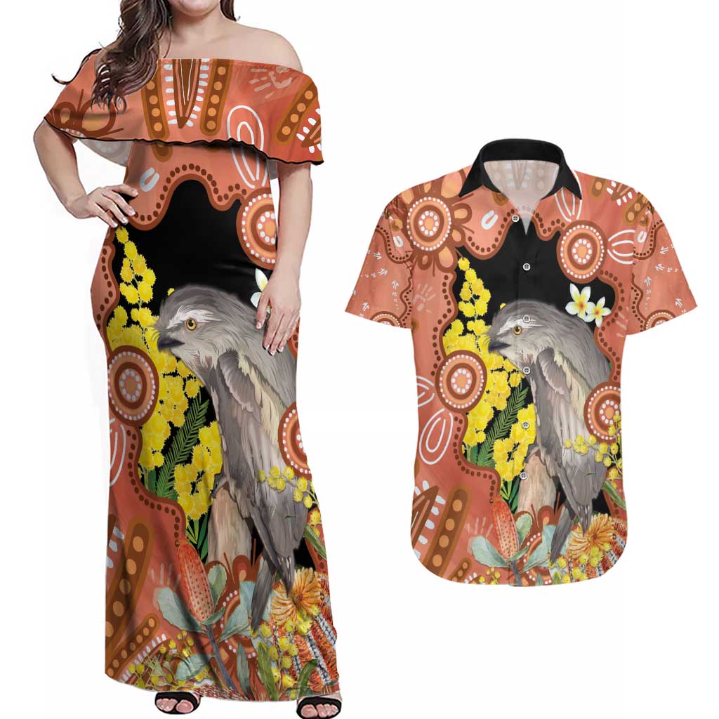 Australia Tawny Frogmouth Couples Matching Off Shoulder Maxi Dress and Hawaiian Shirt Golden Wattle Banksia Aboriginal Art - Aussie Hoodie